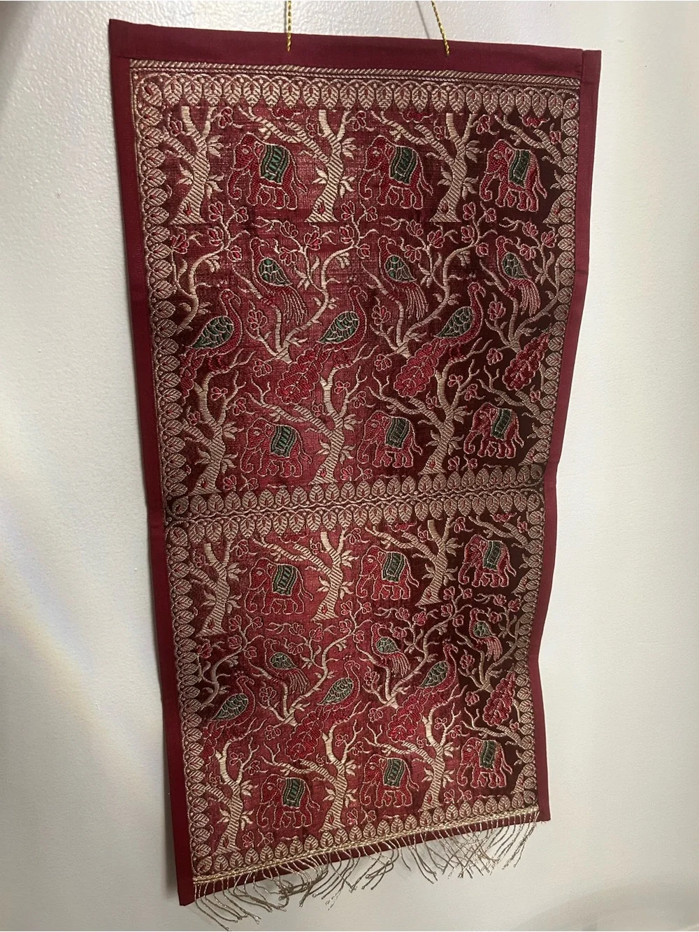 Embroidered Tapestry Wall Hanging with Elephants & Peacocks Gold, Red, Green
